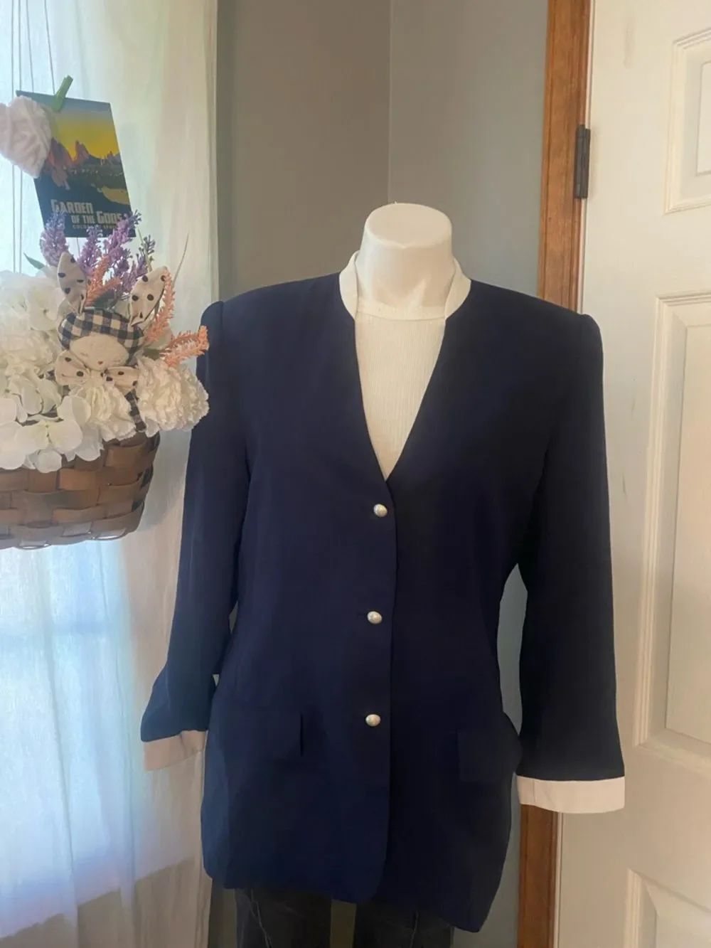 Vintage Classic Navy Women's Button Jacket with Contrast Cuffs